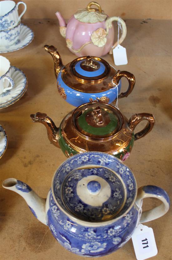 Two Victorian copper lustre teapots with griffin spouts, Worcester melon-moulded teapot & another pot (faults & repairs)